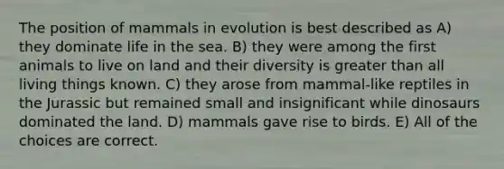 The position of mammals in evolution is best described as A) they dominate life in the sea. B) they were among the first animals to live on land and their diversity is greater than all living things known. C) they arose from mammal-like reptiles in the Jurassic but remained small and insignificant while dinosaurs dominated the land. D) mammals gave rise to birds. E) All of the choices are correct.