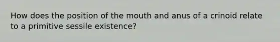 How does the position of <a href='https://www.questionai.com/knowledge/krBoWYDU6j-the-mouth' class='anchor-knowledge'>the mouth</a> and anus of a crinoid relate to a primitive sessile existence?