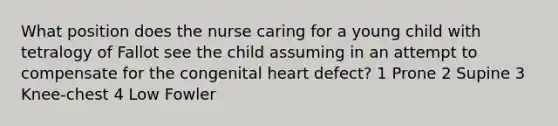 What position does the nurse caring for a young child with tetralogy of Fallot see the child assuming in an attempt to compensate for the congenital heart defect? 1 Prone 2 Supine 3 Knee-chest 4 Low Fowler