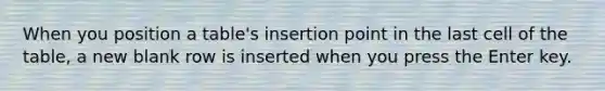 When you position a table's insertion point in the last cell of the table, a new blank row is inserted when you press the Enter key.