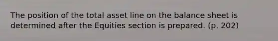 The position of the total asset line on the balance sheet is determined after the Equities section is prepared. (p. 202)