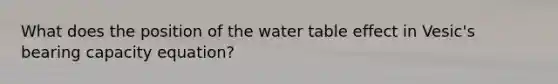 What does the position of the water table effect in Vesic's bearing capacity equation?