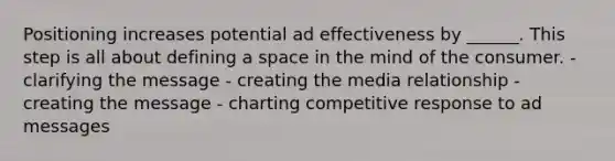 Positioning increases potential ad effectiveness by ______. This step is all about defining a space in the mind of the consumer. - clarifying the message - creating the media relationship - creating the message - charting competitive response to ad messages