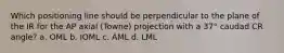 Which positioning line should be perpendicular to the plane of the IR for the AP axial (Towne) projection with a 37° caudad CR angle? a. OML b. IOML c. AML d. LML