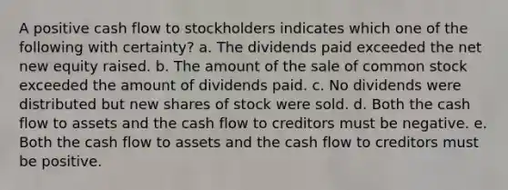 A positive cash flow to stockholders indicates which one of the following with certainty? a. The dividends paid exceeded the net new equity raised. b. The amount of the sale of common stock exceeded the amount of dividends paid. c. No dividends were distributed but new shares of stock were sold. d. Both the cash flow to assets and the cash flow to creditors must be negative. e. Both the cash flow to assets and the cash flow to creditors must be positive.