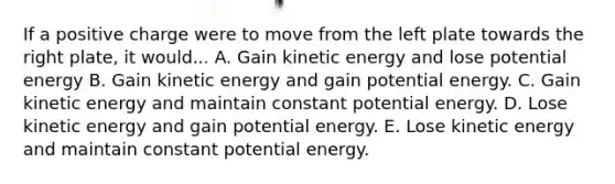 If a positive charge were to move from the left plate towards the right plate, it would... A. Gain kinetic energy and lose potential energy B. Gain kinetic energy and gain potential energy. C. Gain kinetic energy and maintain constant potential energy. D. Lose kinetic energy and gain potential energy. E. Lose kinetic energy and maintain constant potential energy.