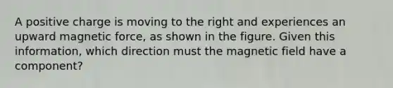A positive charge is moving to the right and experiences an upward magnetic force, as shown in the figure. Given this information, which direction must the magnetic field have a component?
