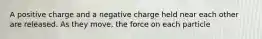 A positive charge and a negative charge held near each other are released. As they move, the force on each particle