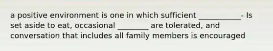 a positive environment is one in which sufficient ___________- Is set aside to eat, occasional ________ are tolerated, and conversation that includes all family members is encouraged