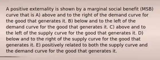 A positive externality is shown by a marginal social benefit (MSB) curve that is A) above and to the right of the demand curve for the good that generates it. B) below and to the left of the demand curve for the good that generates it. C) above and to the left of the supply curve for the good that generates it. D) below and to the right of the supply curve for the good that generates it. E) positively related to both the supply curve and the demand curve for the good that generates it.