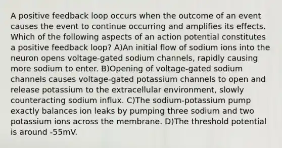 A positive feedback loop occurs when the outcome of an event causes the event to continue occurring and amplifies its effects. Which of the following aspects of an action potential constitutes a positive feedback loop? A)An initial flow of sodium ions into the neuron opens voltage-gated sodium channels, rapidly causing more sodium to enter. B)Opening of voltage-gated sodium channels causes voltage-gated potassium channels to open and release potassium to the extracellular environment, slowly counteracting sodium influx. C)The sodium-potassium pump exactly balances ion leaks by pumping three sodium and two potassium ions across the membrane. D)The threshold potential is around -55mV.