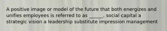 A positive image or model of the future that both energizes and unifies employees is referred to as ______. social capital a strategic vision a leadership substitute <a href='https://www.questionai.com/knowledge/kQzUCgUPQJ-impression-management' class='anchor-knowledge'>impression management</a>