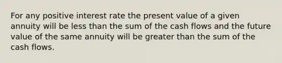 For any positive interest rate the present value of a given annuity will be less than the sum of the cash flows and the future value of the same annuity will be greater than the sum of the cash flows.