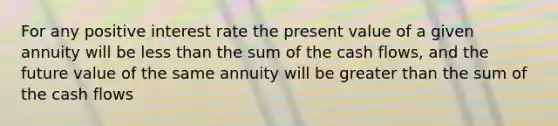 For any positive interest rate the present value of a given annuity will be less than the sum of the cash flows, and the future value of the same annuity will be greater than the sum of the cash flows