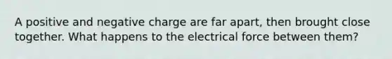 A positive and negative charge are far apart, then brought close together. What happens to the electrical force between them?