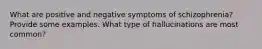 What are positive and negative symptoms of schizophrenia? Provide some examples. What type of hallucinations are most common?