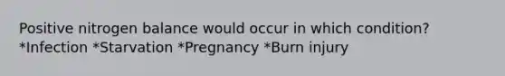 Positive nitrogen balance would occur in which condition? *Infection *Starvation *Pregnancy *Burn injury