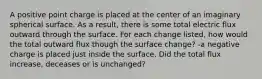 A positive point charge is placed at the center of an imaginary spherical surface. As a result, there is some total electric flux outward through the surface. For each change listed, how would the total outward flux though the surface change? -a negative charge is placed just inside the surface. Did the total flux increase, deceases or is unchanged?