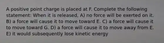 A positive point charge is placed at F. Complete the following statement: When it is released, A) no force will be exerted on it. B) a force will cause it to move toward E. C) a force will cause it to move toward G. D) a force will cause it to move away from E. E) it would subsequently lose kinetic energy