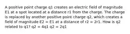 A positive point charge q1 creates an electric field of magnitude E1 at a spot located at a distance r1 from the charge. The charge is replaced by another positive point charge q2, which creates a field of magnitude E2 = E1 at a distance of r2 = 2r1. How is q2 related to q1? q2 = 4q1 q2 = 2q1