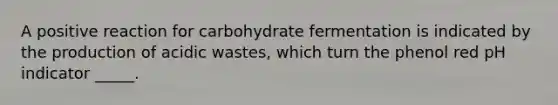 A positive reaction for carbohydrate fermentation is indicated by the production of acidic wastes, which turn the phenol red pH indicator _____.