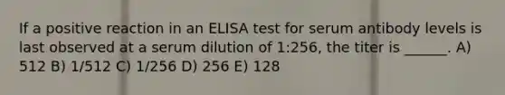 If a positive reaction in an ELISA test for serum antibody levels is last observed at a serum dilution of 1:256, the titer is ______. A) 512 B) 1/512 C) 1/256 D) 256 E) 128