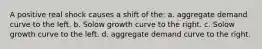 A positive real shock causes a shift of the: a. aggregate demand curve to the left. b. Solow growth curve to the right. c. Solow growth curve to the left. d. aggregate demand curve to the right.