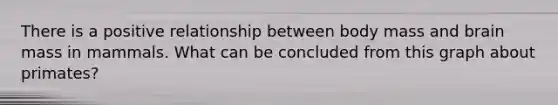 There is a positive relationship between body mass and brain mass in mammals. What can be concluded from this graph about primates?