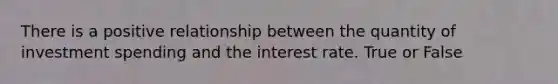 There is a positive relationship between the quantity of investment spending and the interest rate. True or False