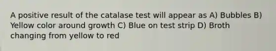 A positive result of the catalase test will appear as A) Bubbles B) Yellow color around growth C) Blue on test strip D) Broth changing from yellow to red