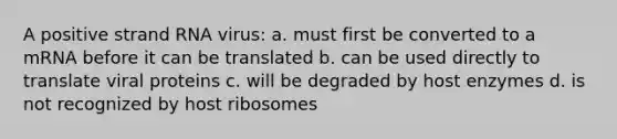 A positive strand RNA virus: a. must first be converted to a mRNA before it can be translated b. can be used directly to translate viral proteins c. will be degraded by host enzymes d. is not recognized by host ribosomes