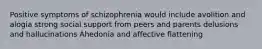 Positive symptoms of schizophrenia would include avolition and alogia strong social support from peers and parents delusions and hallucinations Ahedonia and affective flattening