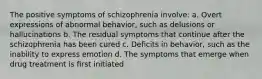 The positive symptoms of schizophrenia involve: a. Overt expressions of abnormal behavior, such as delusions or hallucinations b. The residual symptoms that continue after the schizophrenia has been cured c. Deficits in behavior, such as the inability to express emotion d. The symptoms that emerge when drug treatment is first initiated