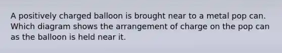 A positively charged balloon is brought near to a metal pop can. Which diagram shows the arrangement of charge on the pop can as the balloon is held near it.