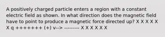 A positively charged particle enters a region with a constant electric field as shown. In what direction does the magnetic field have to point to produce a magnetic force directed up? X X X X X X q +++++++ (+) v--> --------- X X X X X X