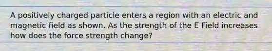 A positively charged particle enters a region with an electric and magnetic field as shown. As the strength of the E Field increases how does the force strength change?