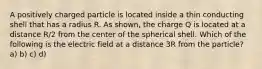 A positively charged particle is located inside a thin conducting shell that has a radius R. As shown, the charge Q is located at a distance R/2 from the center of the spherical shell. Which of the following is the electric field at a distance 3R from the particle? a) b) c) d)