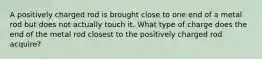 A positively charged rod is brought close to one end of a metal rod but does not actually touch it. What type of charge does the end of the metal rod closest to the positively charged rod acquire?