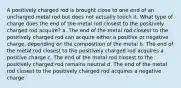 A positively charged rod is brought close to one end of an uncharged metal rod but does not actually touch it. What type of charge does the end of the metal rod closest to the positively charged rod acquire? a. The end of the metal rod closest to the positively charged rod can acquire either a positive or negative charge, depending on the composition of the metal b. The end of the metal rod closest to the positively charged rod acquires a positive charge c. The end of the metal rod closest to the positively charged rod remains neutral d. The end of the metal rod closest to the positively charged rod acquires a negative charge.