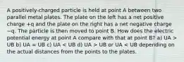 A positively-charged particle is held at point A between two parallel metal plates. The plate on the left has a net positive charge +q and the plate on the right has a net negative charge −q. The particle is then moved to point B. How does the electric potential energy at point A compare with that at point B? a) UA > UB b) UA = UB c) UA UB or UA < UB depending on the actual distances from the points to the plates.