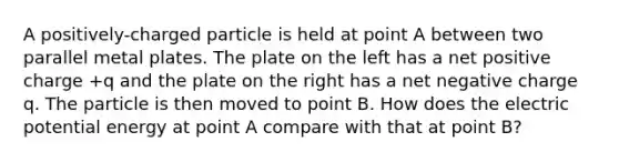 A positively-charged particle is held at point A between two parallel metal plates. The plate on the left has a net positive charge +q and the plate on the right has a net negative charge q. The particle is then moved to point B. How does the electric potential energy at point A compare with that at point B?