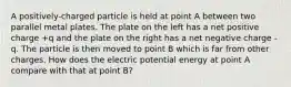 A positively-charged particle is held at point A between two parallel metal plates. The plate on the left has a net positive charge +q and the plate on the right has a net negative charge -q. The particle is then moved to point B which is far from other charges. How does the electric potential energy at point A compare with that at point B?