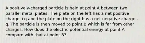 A positively-charged particle is held at point A between two parallel metal plates. The plate on the left has a net positive charge +q and the plate on the right has a net negative charge -q. The particle is then moved to point B which is far from other charges. How does the electric potential energy at point A compare with that at point B?