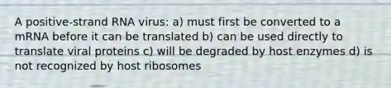 A positive-strand RNA virus: a) must first be converted to a mRNA before it can be translated b) can be used directly to translate viral proteins c) will be degraded by host enzymes d) is not recognized by host ribosomes