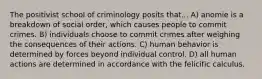 The positivist school of criminology posits that... A) anomie is a breakdown of social order, which causes people to commit crimes. B) individuals choose to commit crimes after weighing the consequences of their actions. C) human behavior is determined by forces beyond individual control. D) all human actions are determined in accordance with the felicific calculus.