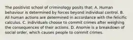 The positivist school of criminology posits that: A. Human behaviour is determined by forces beyond individual control. B. All human actions are determined in accordance with the felicific calculus. C. Individuals choose to commit crimes after weighing the consequences of their actions. D. Anomie is a breakdown of social order, which causes people to commit crimes.