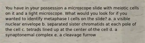 You have in your possession a microscope slide with meiotic cells on it and a light microscope. What would you look for if you wanted to identify metaphase I cells on the slide? a. a visible nuclear envelope b. separated sister chromatids at each pole of the cell c. tetrads lined up at the center of the cell d. a synaptonemal complex e. a cleavage furrow