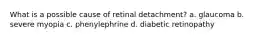 What is a possible cause of retinal detachment? a. glaucoma b. severe myopia c. phenylephrine d. diabetic retinopathy