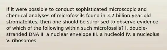 If it were possible to conduct sophisticated microscopic and chemical analyses of microfossils found in 3.2-billion-year-old stromatolites, then one should be surprised to observe evidence of which of the following within such microfossils? I. double-stranded DNA II. a nuclear envelope III. a nucleoid IV. a nucleolus V. ribosomes