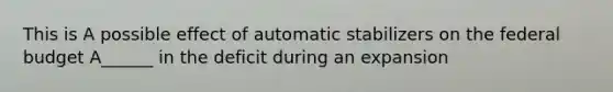 This is A possible effect of automatic stabilizers on the federal budget A______ in the deficit during an expansion